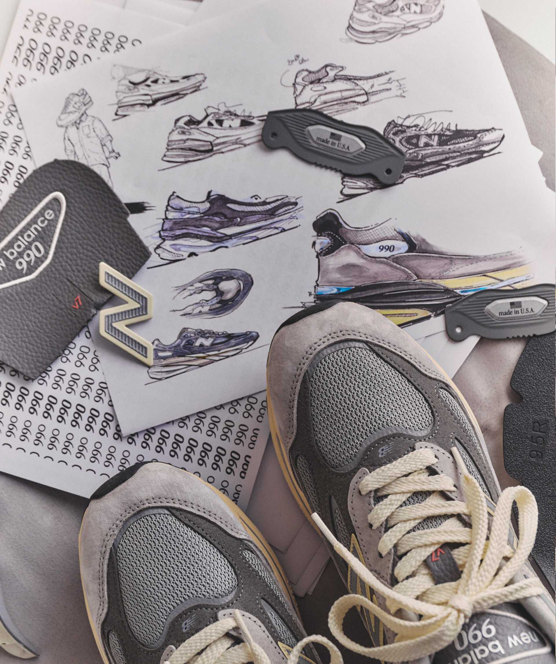 A close up of sketches of the 990v7 sneaker during development.