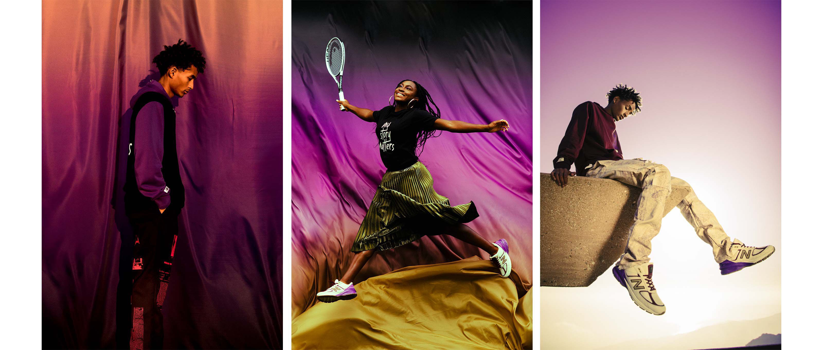 3 images - Jaden Smith standing looking down at ground, Coco Gauff leaping with a tennis racquet in hand, Jaden Smith sitting on a rock all wearing New Balance apparel and shoes