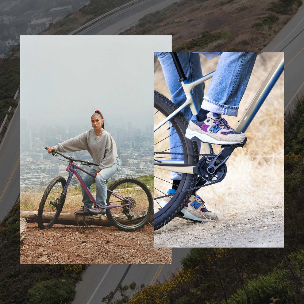 A picture of a woman riding a bike and a close-up picture of someone wearing a pair of New Balance 580’s on the pedals of a bike. Both are on top of an urban road background.