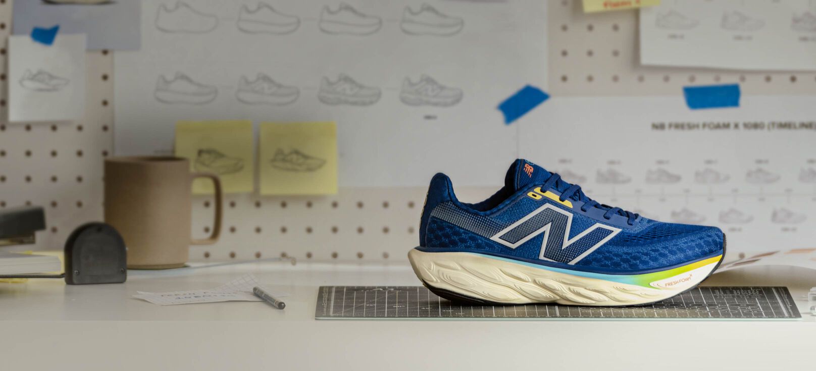 A blue Fresh Foam X 1080 shoe on a table in a workshop.